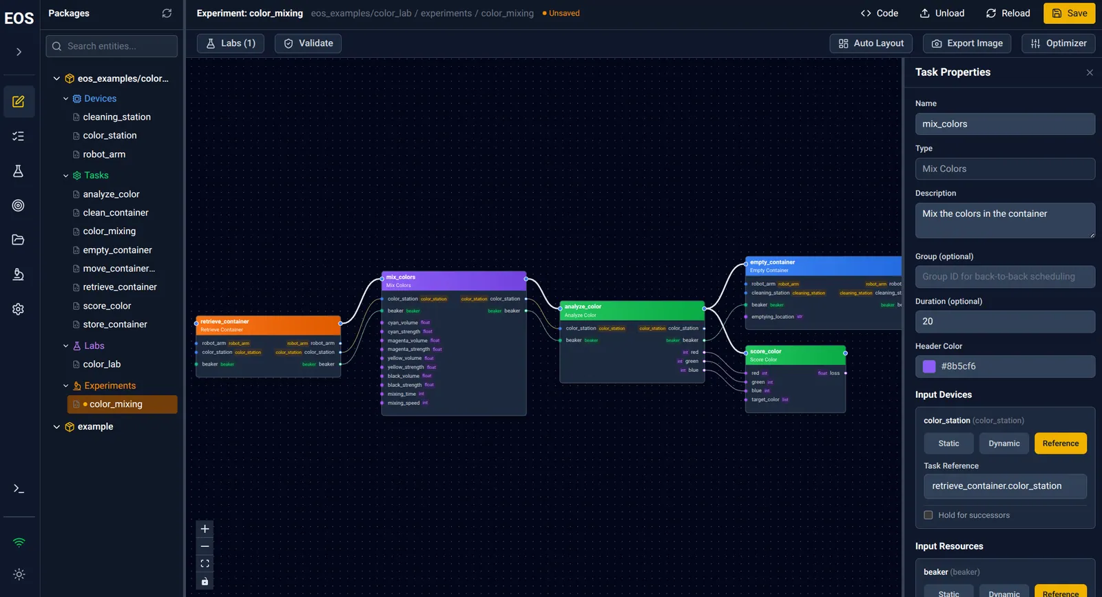 EOS visual protocol editor showing a task graph for color-mixing experiments.